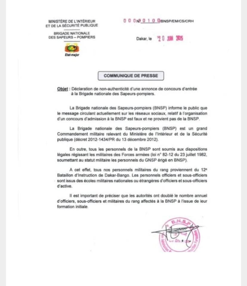 Concours Sapeurs Pompiers – La brigade nationale dème l’ouverture du concours