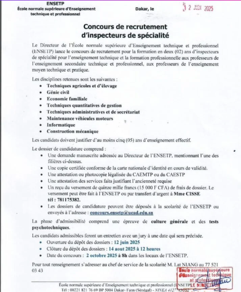Concours de recrutement d’inspecteurs de spécialité 2025 – Dépôts ouverts
