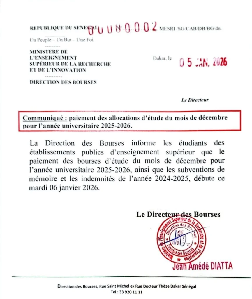 Bourses : Paiement des allocations d’étude – mois de Décembre (année universitaire 2025_2026)
