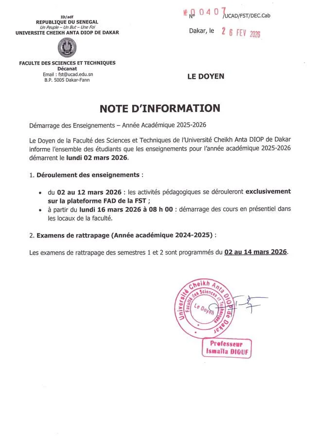 Communiqué – UCAD : Démarrage des enseignement 2025_2026 et examens de rattrapage Communiqué – UCAD : Démarrage des enseignement 2025_2026 et examens de rattrapage