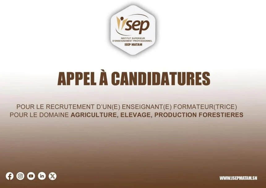 ISEP de Matam recrute un(e) enseignant(e) formateur (trice) pour le domaine agriculture élevage production