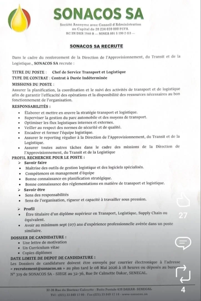 La SONACOS recrute un chef de service Transport logistique