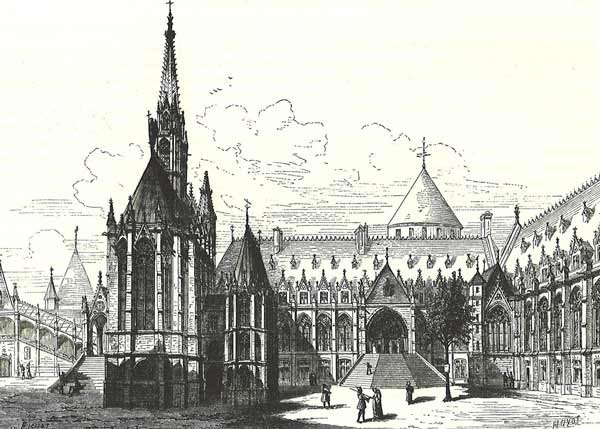 Gravure en noir et blanc représentant un palais de justice historique avec une chapelle, des bâtiments gothiques et quelques personnages dans la cour.