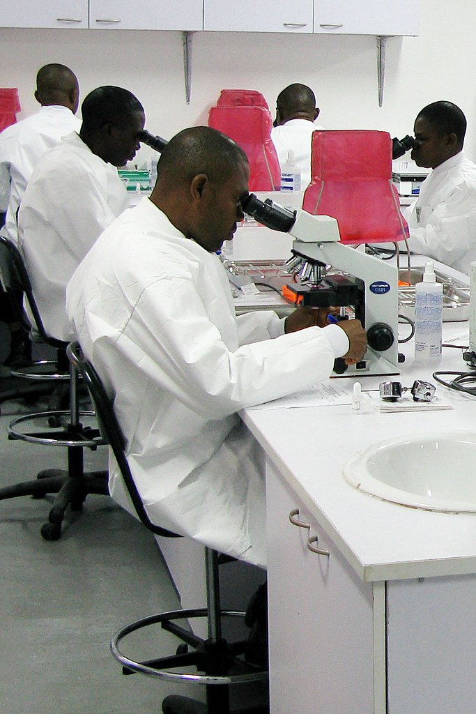 Plusieurs personnes en blouse blanche travaillent autour de microscopes et de paillasses dans un laboratoire.