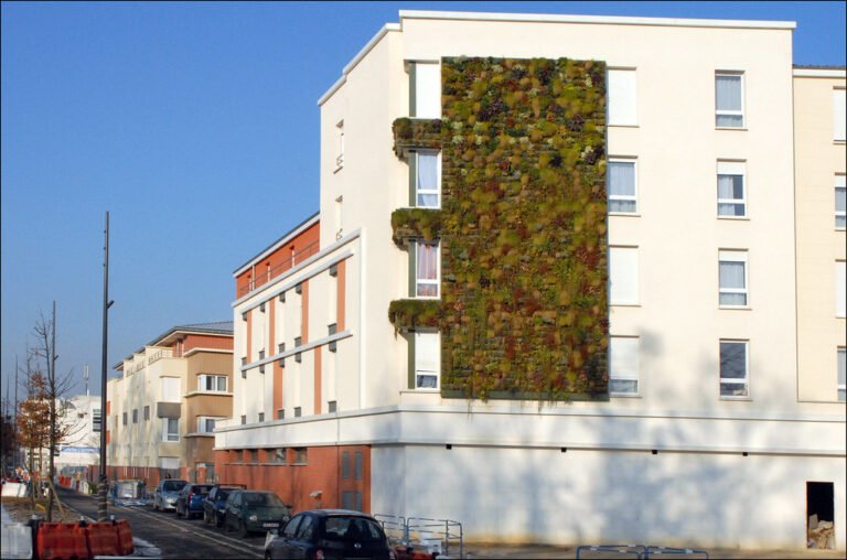 Bâtiment moderne à façade végétalisée, bordé d’une rue avec plusieurs voitures et des barrières de chantier.