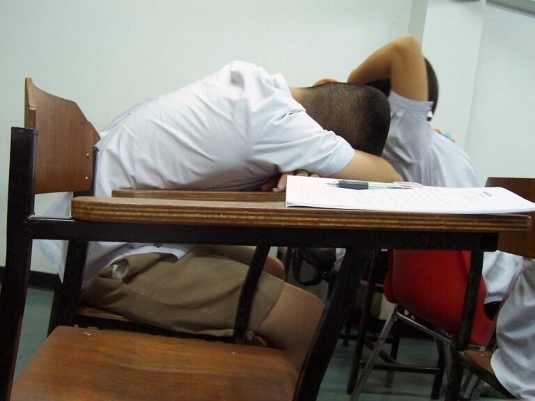 Deux étudiants endormis, la tête posée sur un bureau dans une salle de cours, avec des cahiers et des stylos devant eux.