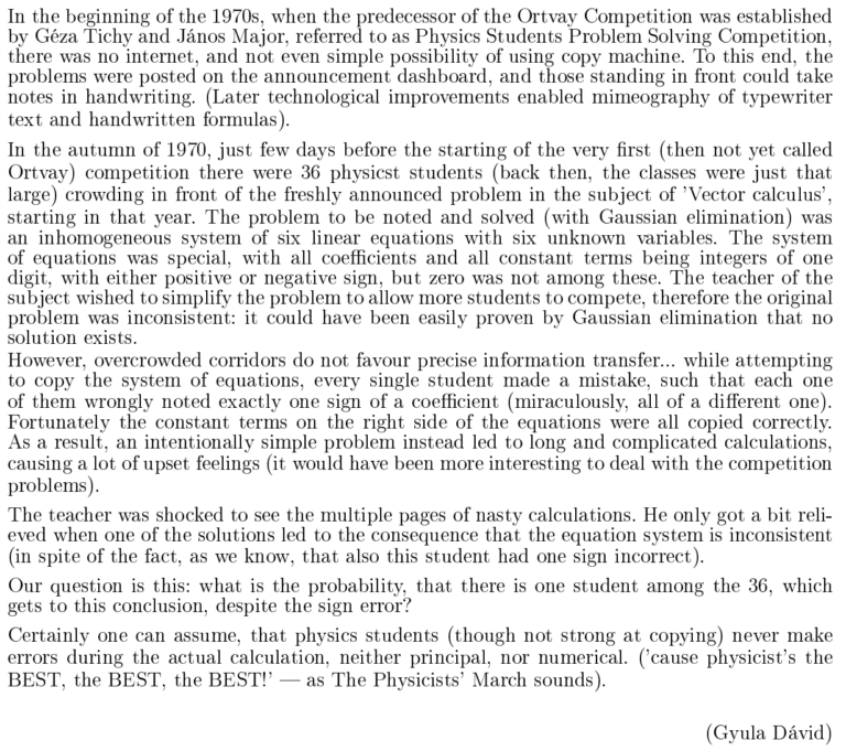 Page imprimée présentant en anglais un texte sur l’histoire d’une compétition internationale de résolution de problèmes de physique et une question de probabilité.