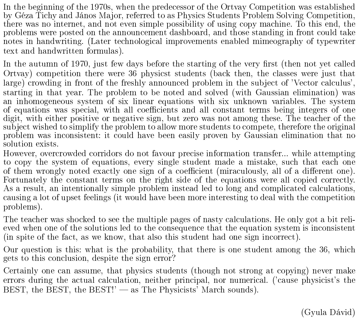 Page imprimée présentant en anglais un texte sur l’histoire d’une compétition internationale de résolution de problèmes de physique et une question de probabilité.